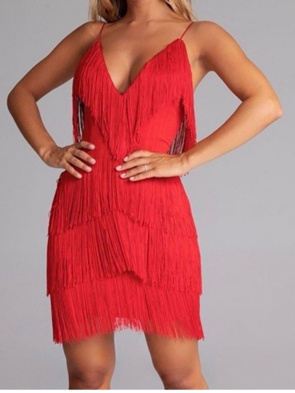 Meshki Red Fringe Spaghetti-Strap Mini Dress
